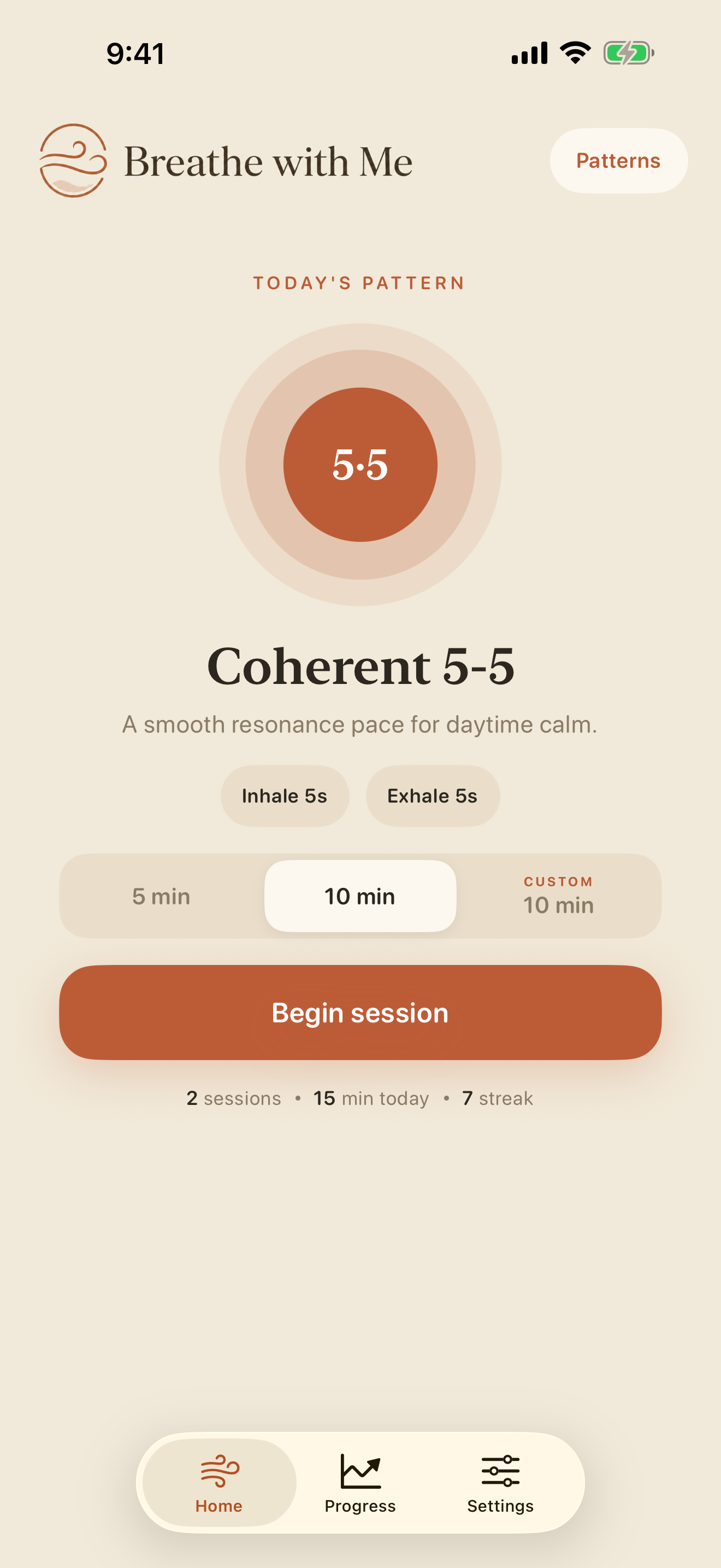 Breathe with Me app home screen with Coherent 5-5 selected