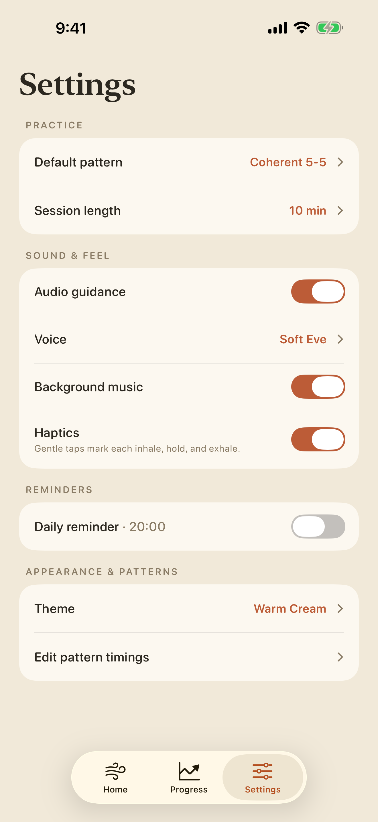 Breathing app settings